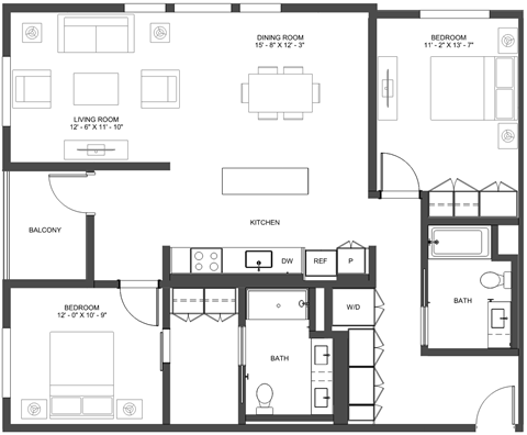 Floor plan for 2 beds, 2 baths, 1296 sqft